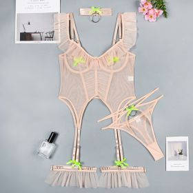 High Quality 4 Pieces Mesh Girls Sexy Lingerie Sets (Option: Apricot-S)