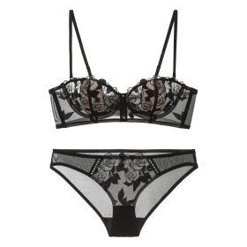 French Lace Flower Embroidered Underwear Soft Steel Ring (Option: Black Suit-75B)