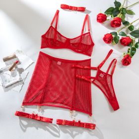 See-through Mesh Push Up Four-piece Set (Option: Red-S)