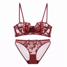 French Lace Flower Embroidered Underwear Soft Steel Ring (Option: Reddish Brown Suit-80B)