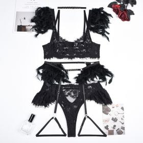 Feather Sexy Lingerie Lace Women Underwear Bra Panty (Option: Black-L)